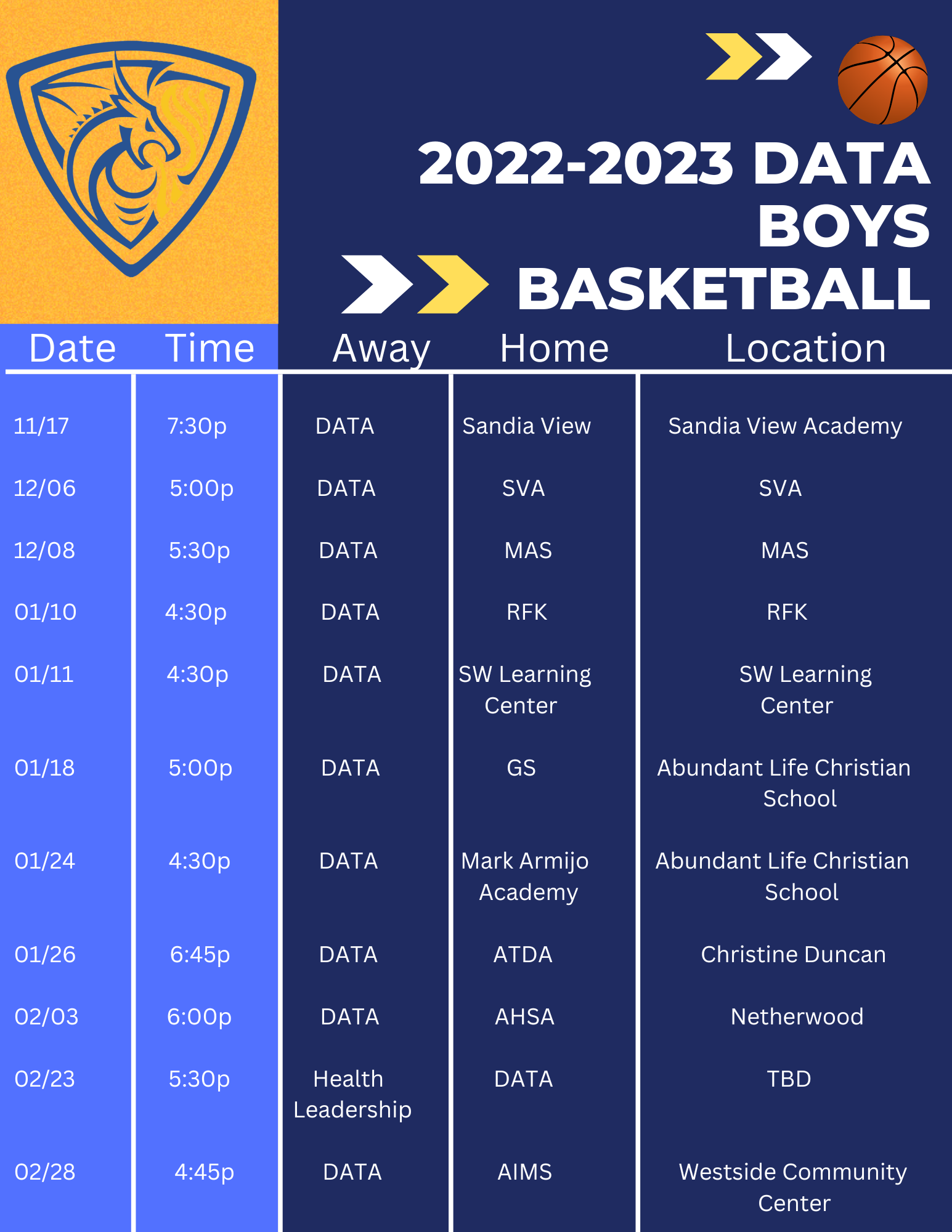 DATA Boys Basketball Schedule 22-23